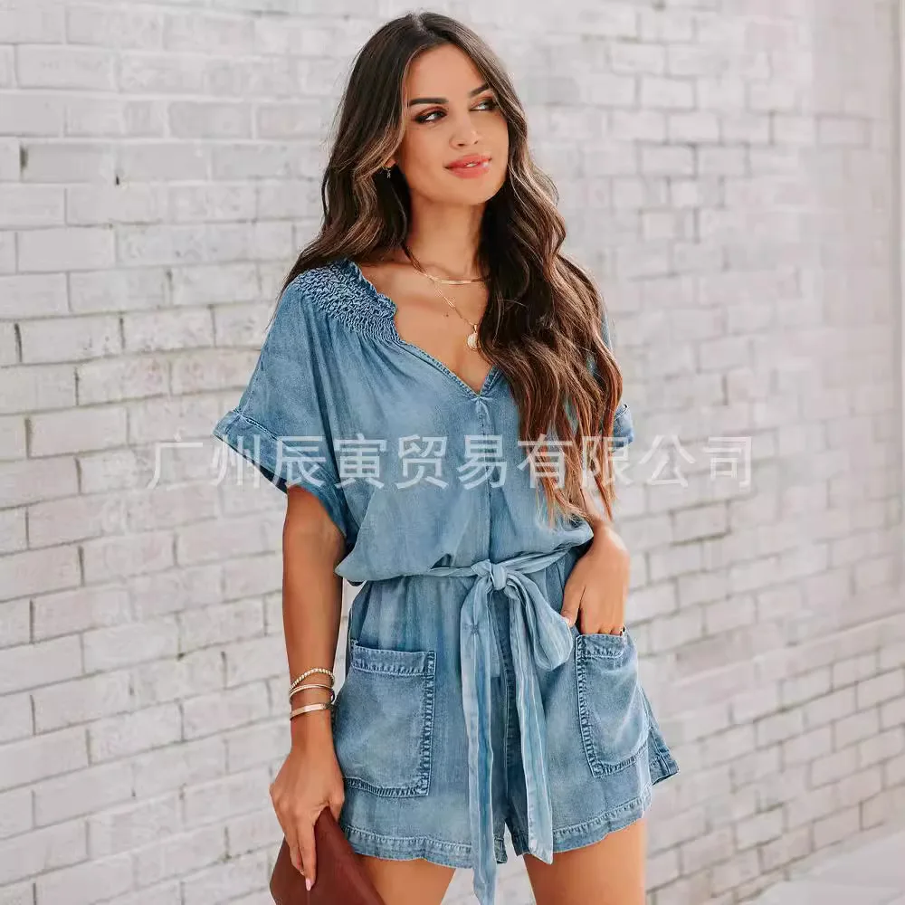

Summer Denim Romper For Women Lightweight Drawstring High Waist Wide Leg Shorts American Retro Boyfriend Short Sleeve Jumpsuit