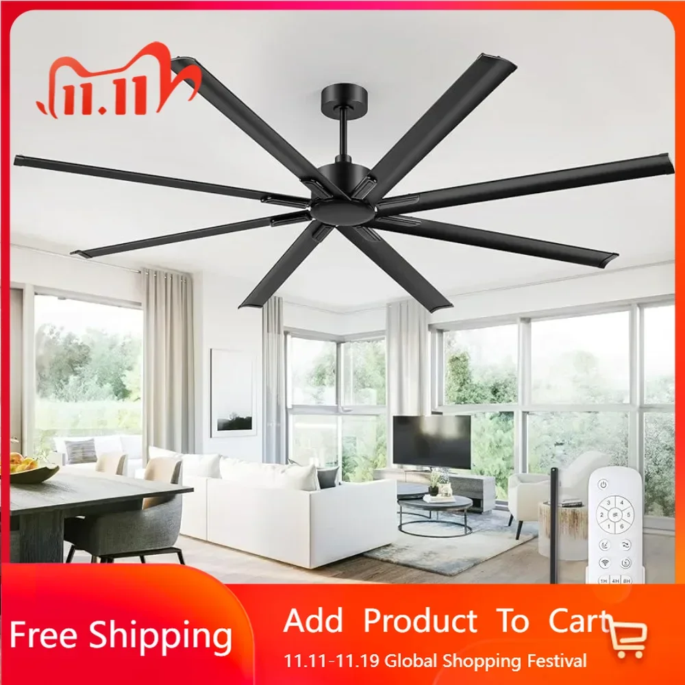 84 inch industrial DC motor ceiling fan, large ceiling fan with 8 reversible blades,3 lower rods,6-speed remote control in black