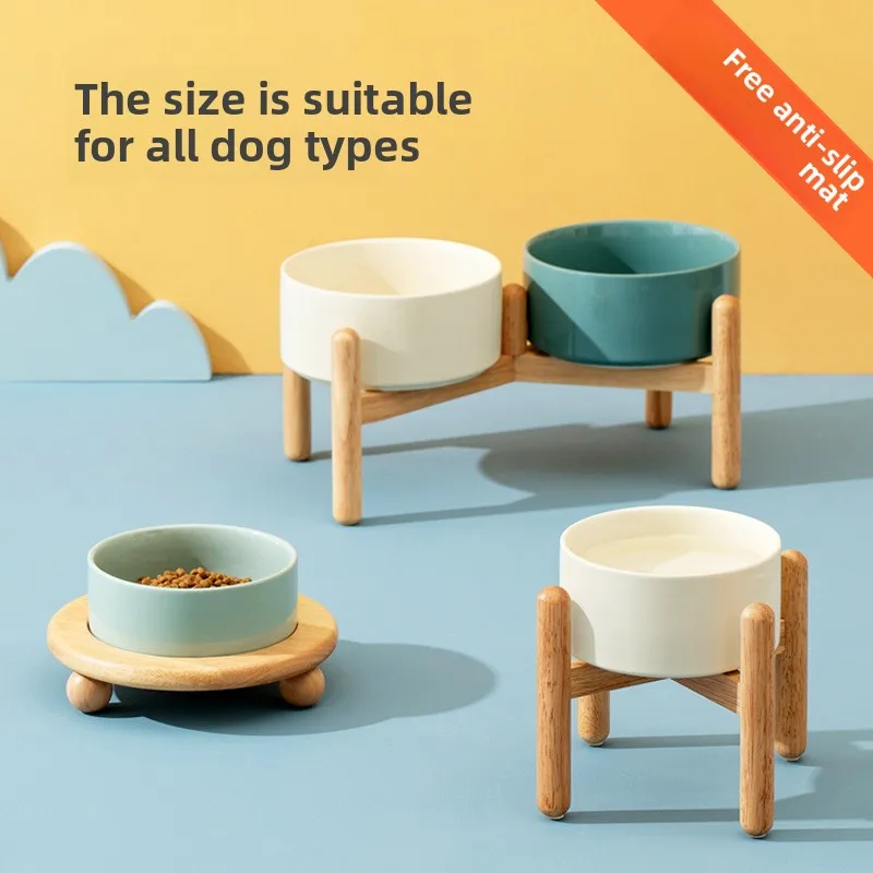 

Ceramic Tall Dog Bowl Double Bowl Cervical Spine Protection Medium and Large Small Dog Food Bowl Water Wooden Frame Set