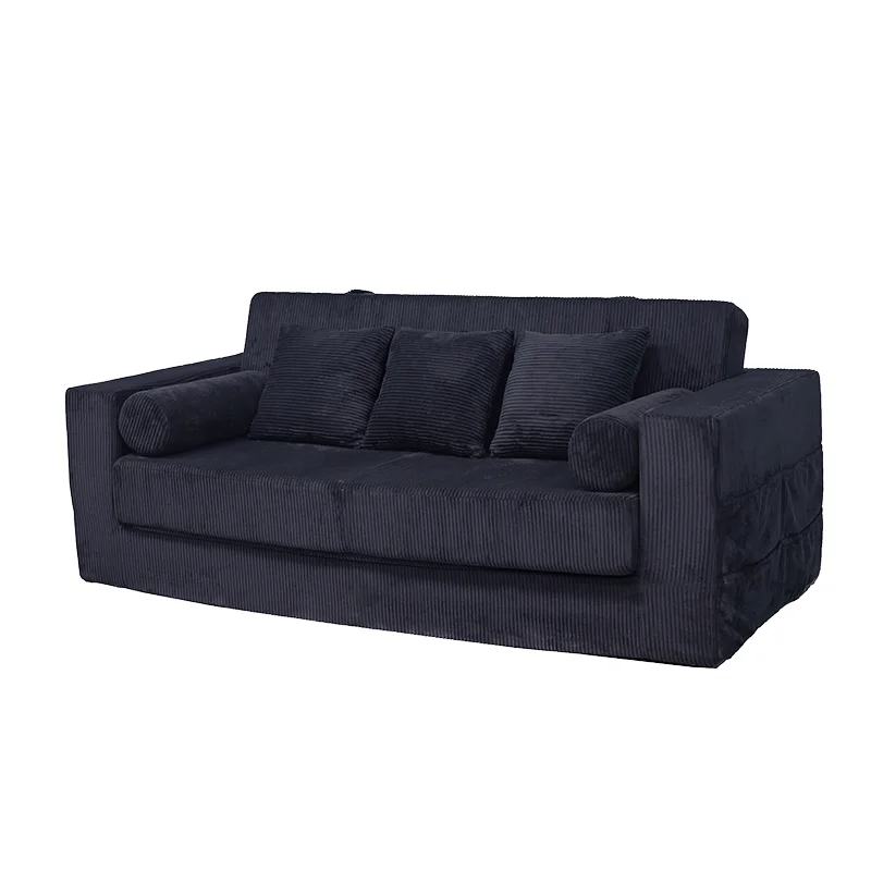 Black convertible sofa bed, 3 seats, memory sponge, corduroy cover, modern style, suitable for hotels, villas, living rooms