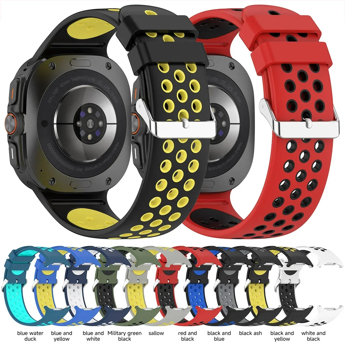 Two Color Silicone Sport Band For Samsung Galaxy Watch Ultra 47mm Adjustable Replacement Soft Strap For Galaxy Watch 7 Ultra