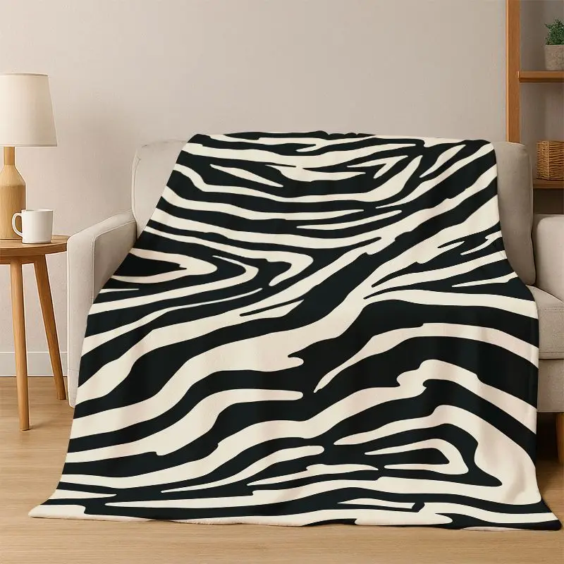 Black White Zebra Stripe Flannel Blanket Soft Warm Blanket Throw Blanket for Bedroom Living Room Bed Travel Camping Picnic Gift