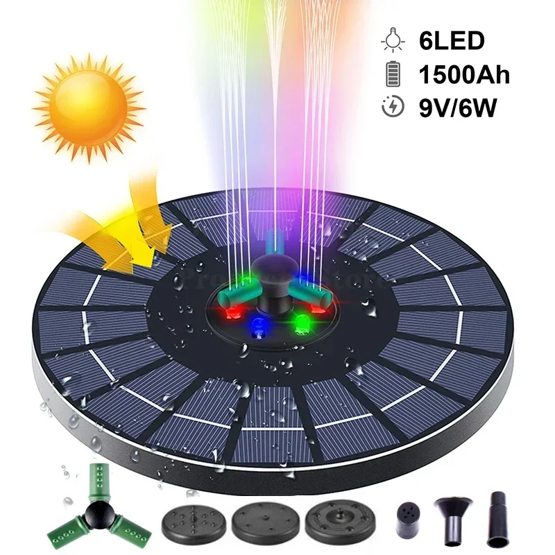 

4/6W Solar Fountain Water Pump with Color LED Light for Bird Bath with 3 Nozzles 3 Fixers Floating Garden Pond Tank 360 Rotating