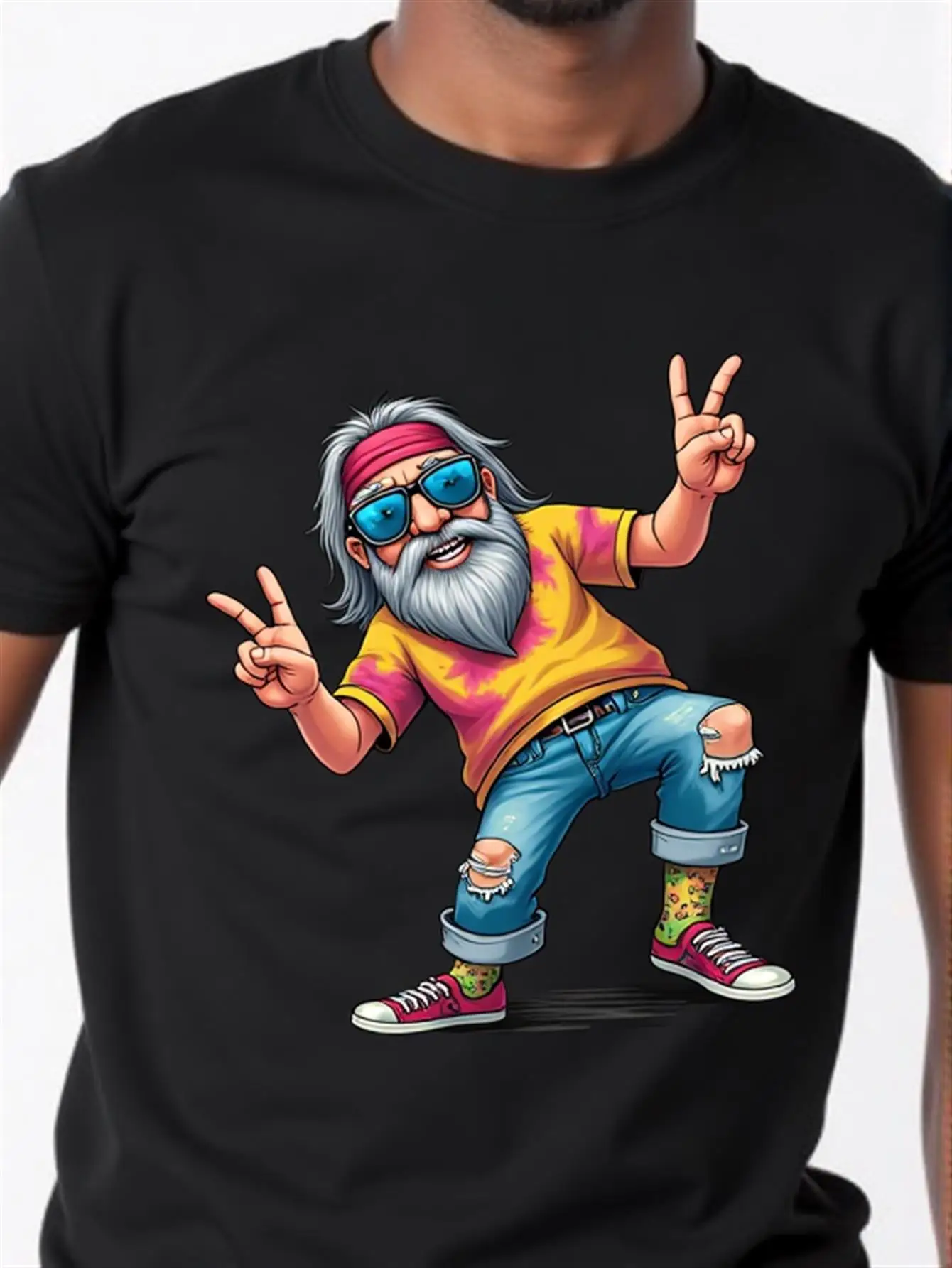 T-shirt graphique rétro pour homme - Chemise vintage noire avec symboles de paix, personnages originaux et baskets en jean - T-shirt confortable