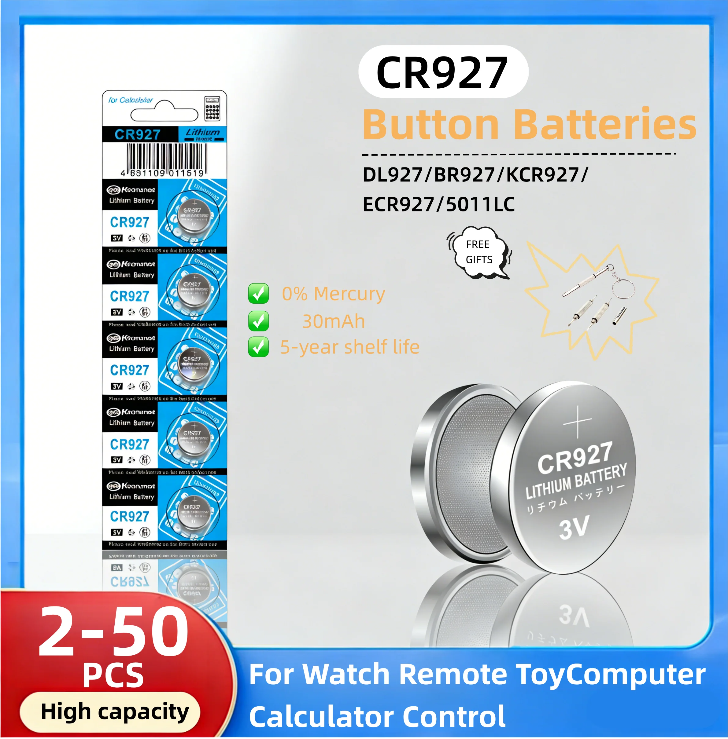 

2-50PCS CR927 3V Lithium Button Battery DL927 BR927 LM927 ECR927 Coin Cell for Watch Car Remote Clock Toy