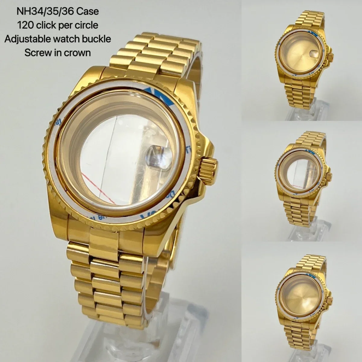 High Quality Stainless Steel Gold Plated NH35 Case Presidential Bracelet Case Set for SUB GMT NH34 NH35 NH36 Automatic Movement