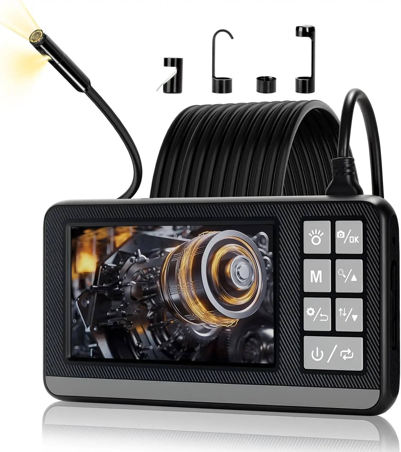 

Эндоскоп с двумя объективами, разрешением 1920P HD, 4,3-дюймовым IPS-экраном, водонепроницаемостью IP67, 8 светодиодов, кабелем 16,5 футов, картой 32 ГБ — черный