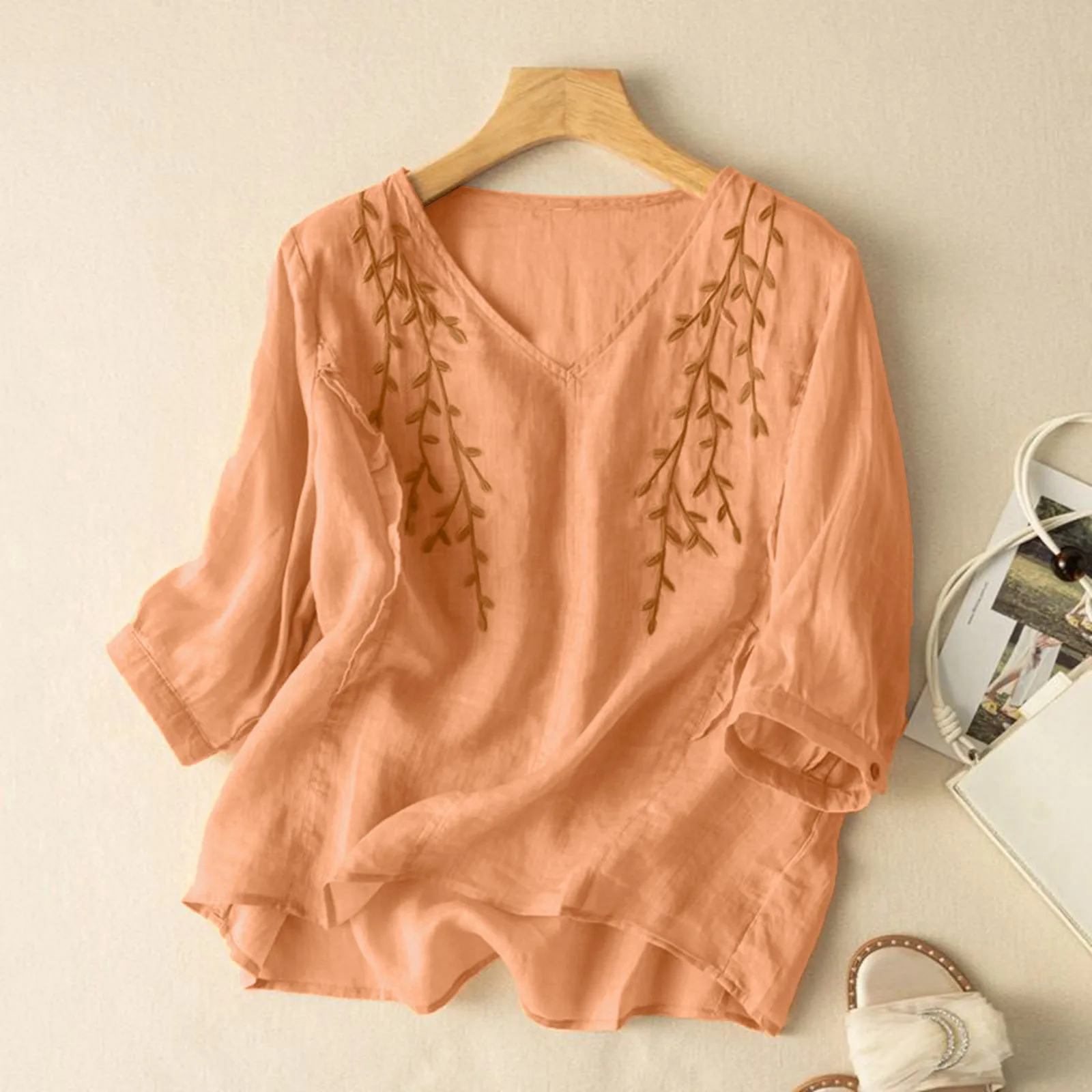 

Women's Solid Color Cotton And Linen Shirts Vintage Embroidery Clothing Loose Thin National Style Temperament Shirt Tops