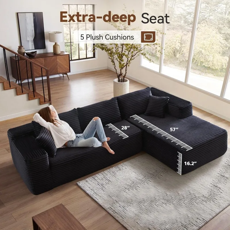 104" Cloud Sectional Couch with Comfy Chaise, Boneless L Shape Sofa Deep Seat,Minimalist Modular Couches Sleeper for Living Room