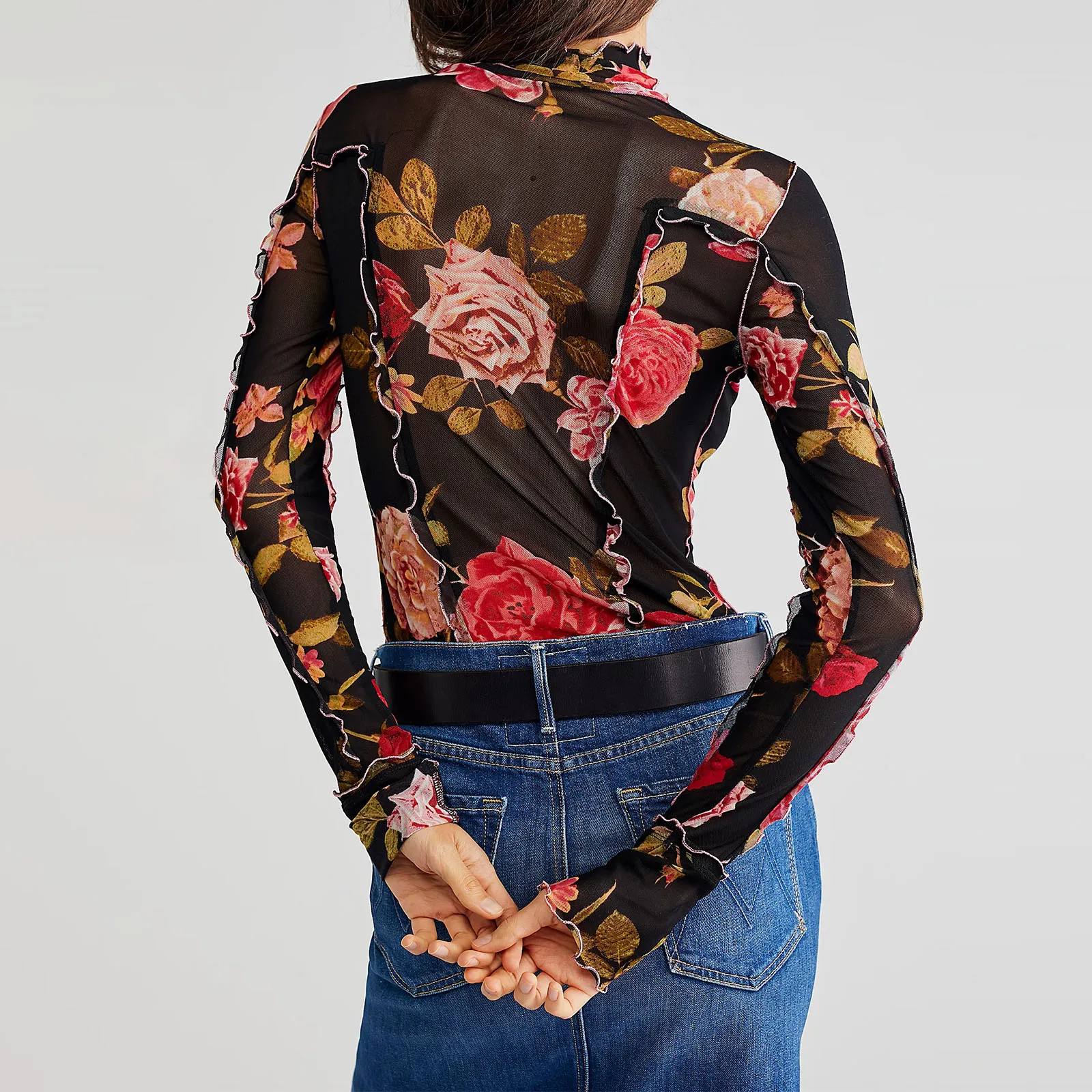 Thorn Tree Women Summer Sexy Floral Print Mesh Sheer Long Sleeve Shirts y2k Aesthetic Slim Fits Harajuku T-Shirt Tees Shirts