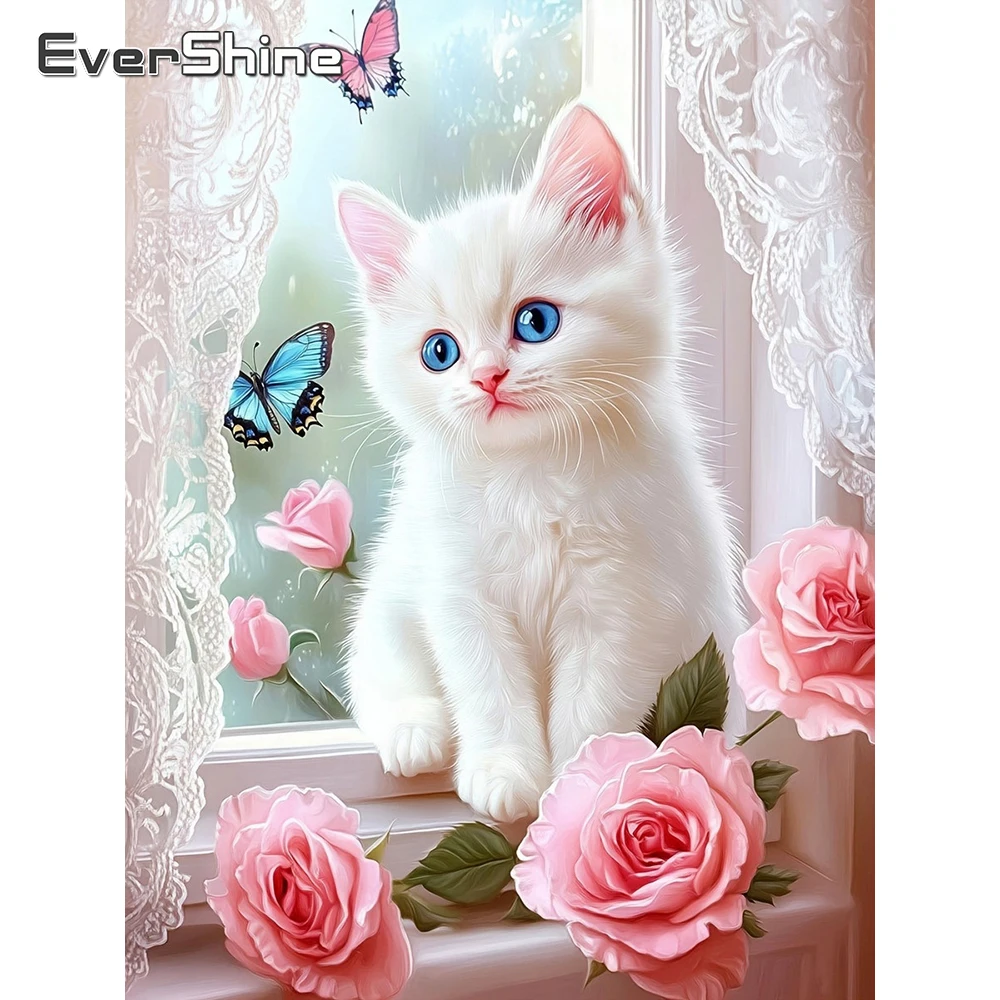 Evershine Vollquadratische Diamant-Stickerei Tierbild Katze Acryl-Bastelbedarf Bild Strass-Mosaik Rose Heimdekoration
