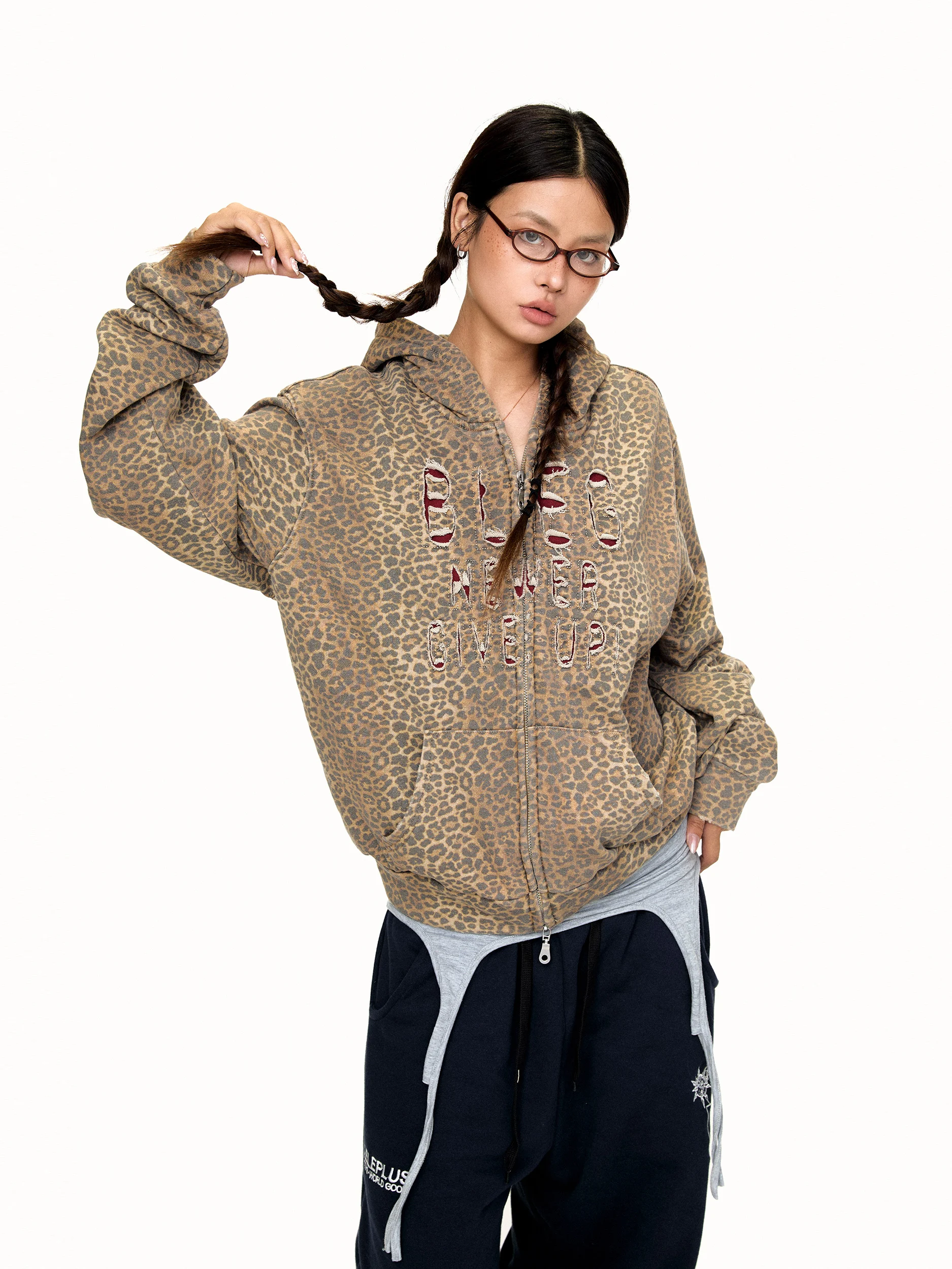American Retro Style Loose Fit Leopard Print Hooded Cardigan Sweater Women's Autumn New Arrival Zipper Coat Casual Comfortable