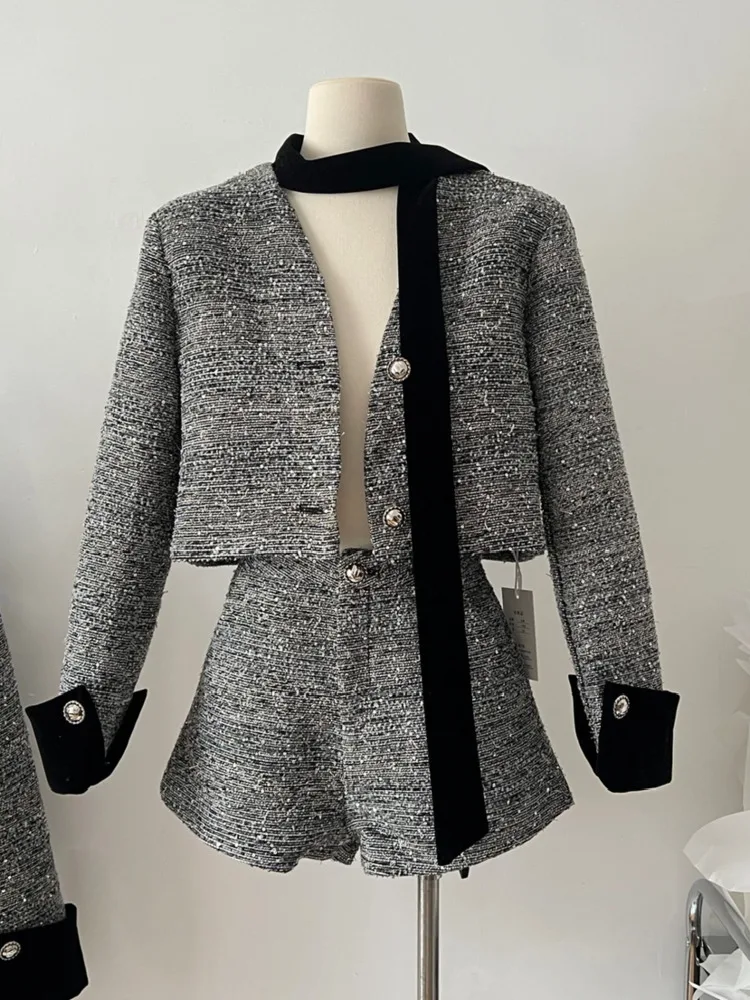 Bright Silk Woolen Fabric Elegant Fashion Korean Style 2024 Autumn New V-Neck Short Jacket Coat + High Waist A-line Shorts Suit