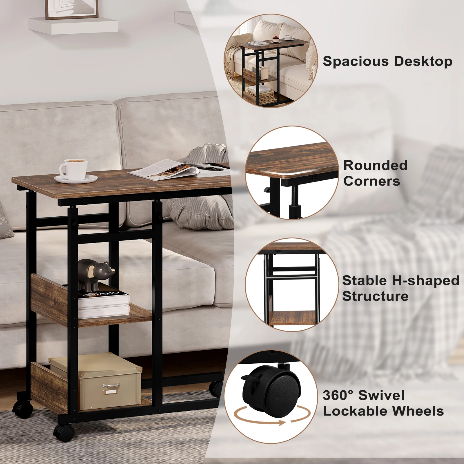 WOLTU Couchtisch, Beistelltisch, Bett-Sofa-Laptoptisch, C-förmig, höhenverstellbar, mit Rollen, Beistelltisch für Wohnzimmer, Schlafzimmer – Detail 7
