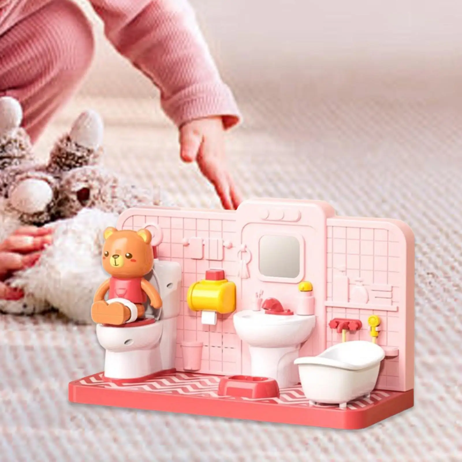 

Dollhouse Furniture Set with Bear Doll House Decor Miniature Toilet Toy for Ages 3+ Years Children Kids Boys Girls Party Favors