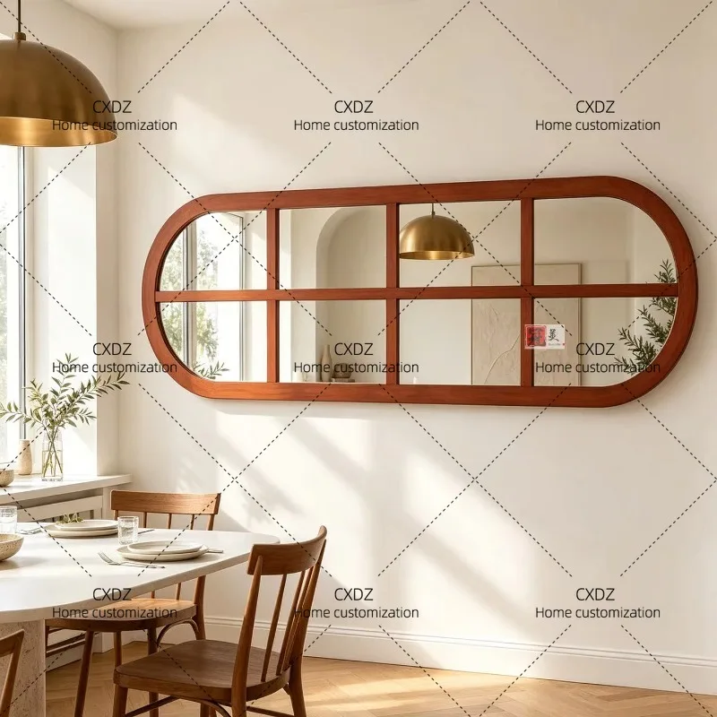 XXMedieval false window mirror living room background wall horizontal hanging decorative mirror  retro