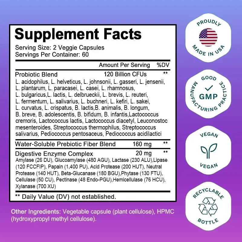 Пробиотики 120 миллиардов CFU 36 жил содержит пребиотики и ферменты пищеварительной системы для пищеварения и поддержки иммунитета Веганский, без GMO