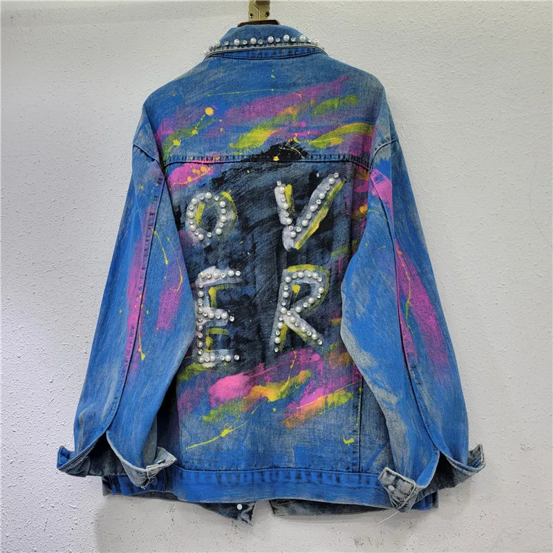 European Heavy Industry Beads Personality Street Denim Coat Women Jeans Jacket Loose-Fitting Western Style Top Fall New Clothes