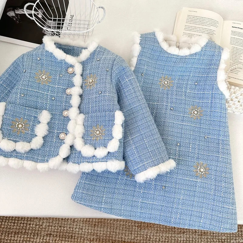 Girls' Little Fragrant Style Set Skirt Winter New Fashionable Children's Velvet Coat and Cotton Vest Skirt Two Piece Set