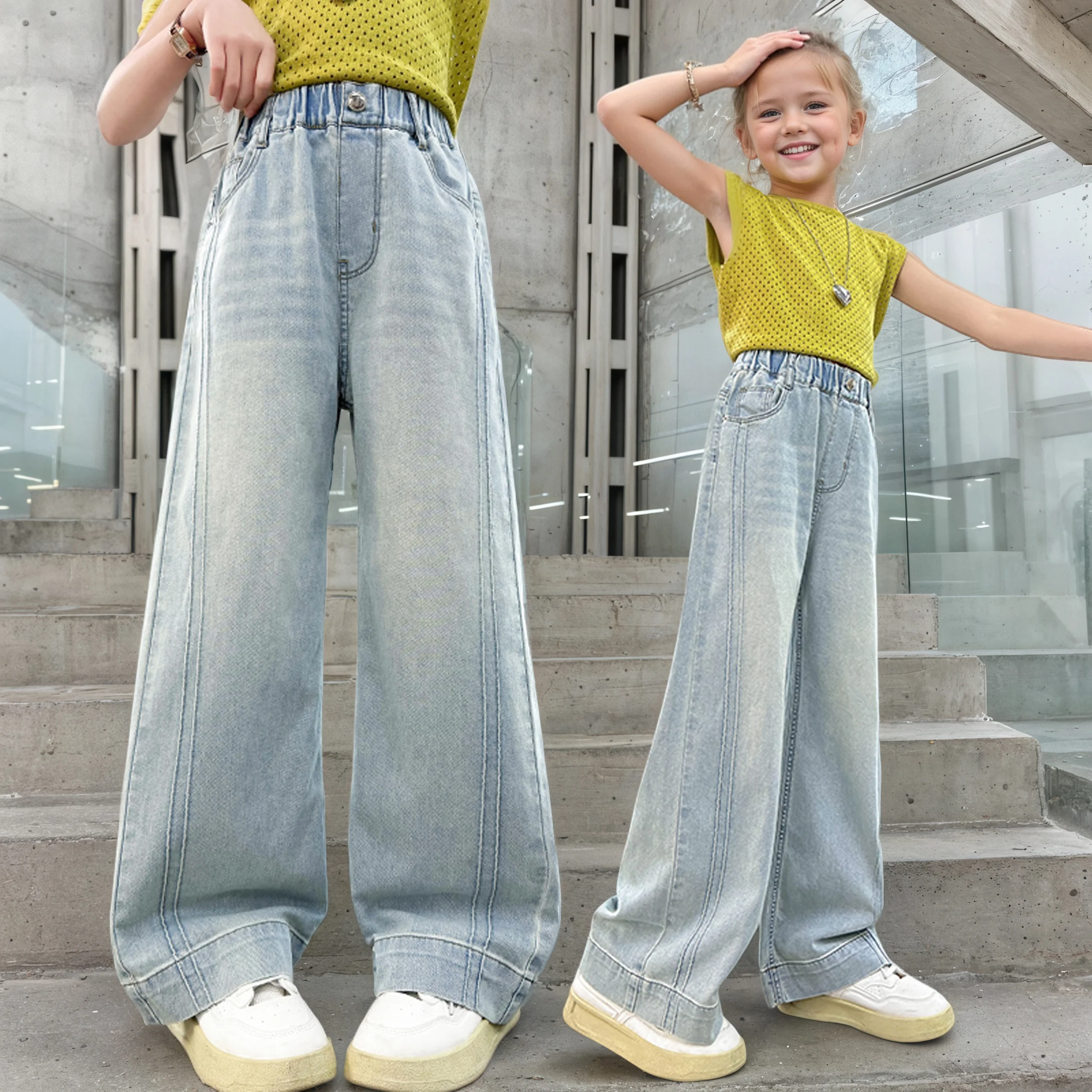 

Летние новые брюки для девочек, джинсовые широкие брюки с шитьем по бокам, лето 2025 года, повседневные и модные прямые брюки 5