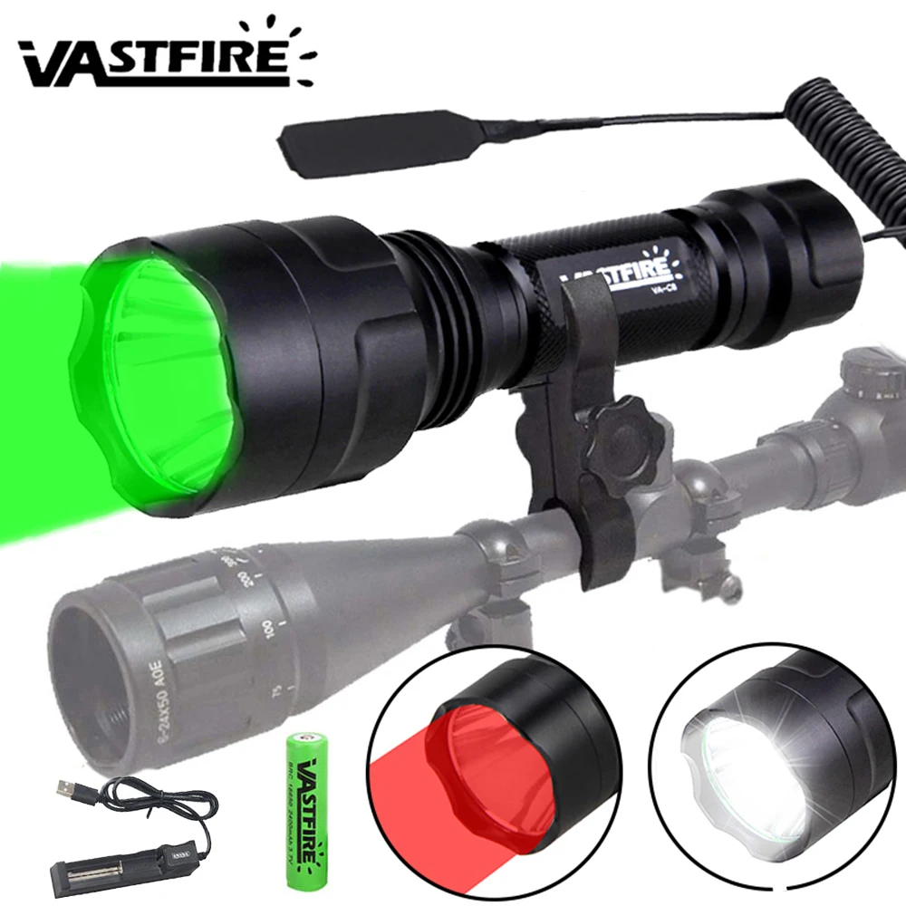 Powerful Red C8 Flashlight Tactical Green/Red/White Torch 1-Mode Predator Handheld Torch+Clip+Tail Switch+18650+Charger Set