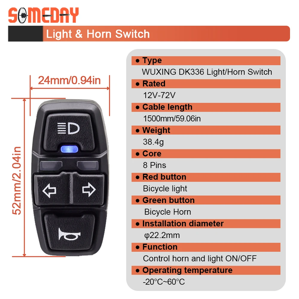 Ebike Light and Horn Switch Cable 24/36/48V/60V/72V Front And Rear Warning Lights Set For Electric Bike Scooter Accessories