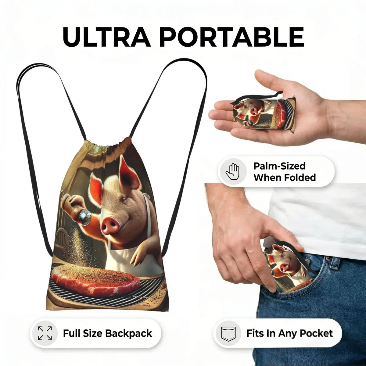 Cooking Pig Cartoon BBQ Scene Drawstring Backpack hiking cycling Bag Portable Travel Drawstring Bag for Men Women