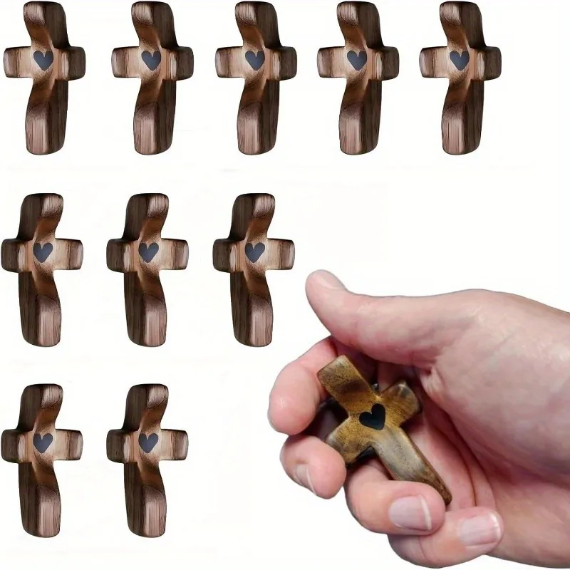 Retro Solid Wood Heart-shaped Hand-held Cross Mini Palm Portable Prayer Cross Church Activity Believers' Souvenirs