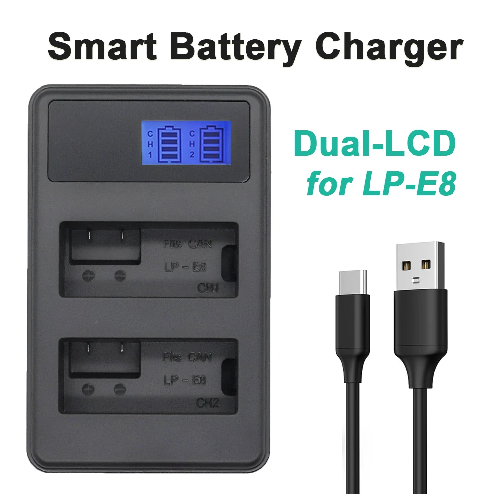 LP-E8 Dual LCD Smart Battery Charger, Suitable for Canon Rebel T2i, T3i, T4i, T5i, 600D, 550D, 650D, 750D, Kiss X4 X5, Etc.