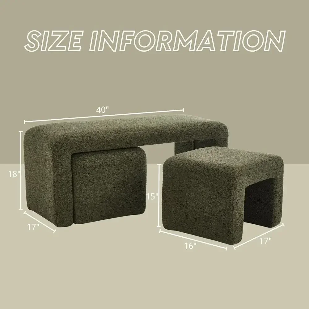 Small Sherpa Upholstered Bench for Entryway, Living Room, or Bedroom - Set of 3, 20 & 50 Inch Options