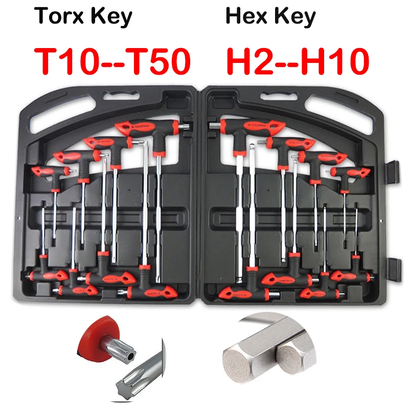 

16 шт. T-образный ключ Torx T10-T50 и шестигранный ключ H2-H10 Набор гаечных ключей со звездочкой Набор гаечных ключей для ремонта Набор ручных инструментов Хром-ванадиевые инструменты Инструменты для механической маст