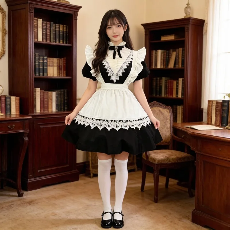 

Gothic Black Short Long OP Dress,Detachable Sleeve Apron Maid Outfit, Multi Wear Nun Cosplay, Halloween Carnival Servant Costume