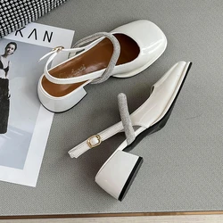 2024 New Mid Heel High Heel Mary Jane Shoes Women's Spring/Summer Thick Heel Single Shoes One line Buckle Wrap Sandals