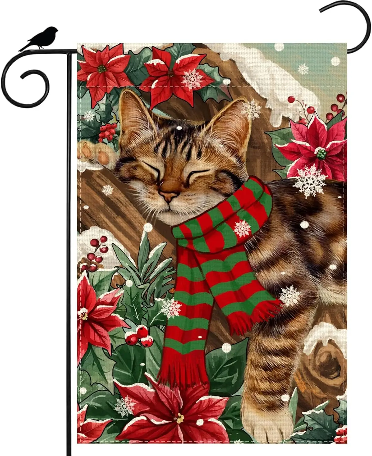 Christmas Striped Scarf Cat Winter Poinsettia Garden Flag Xmas Yard Flag 12x18 Inch Double Sided Small Mini Yard Outdoor Out zzo