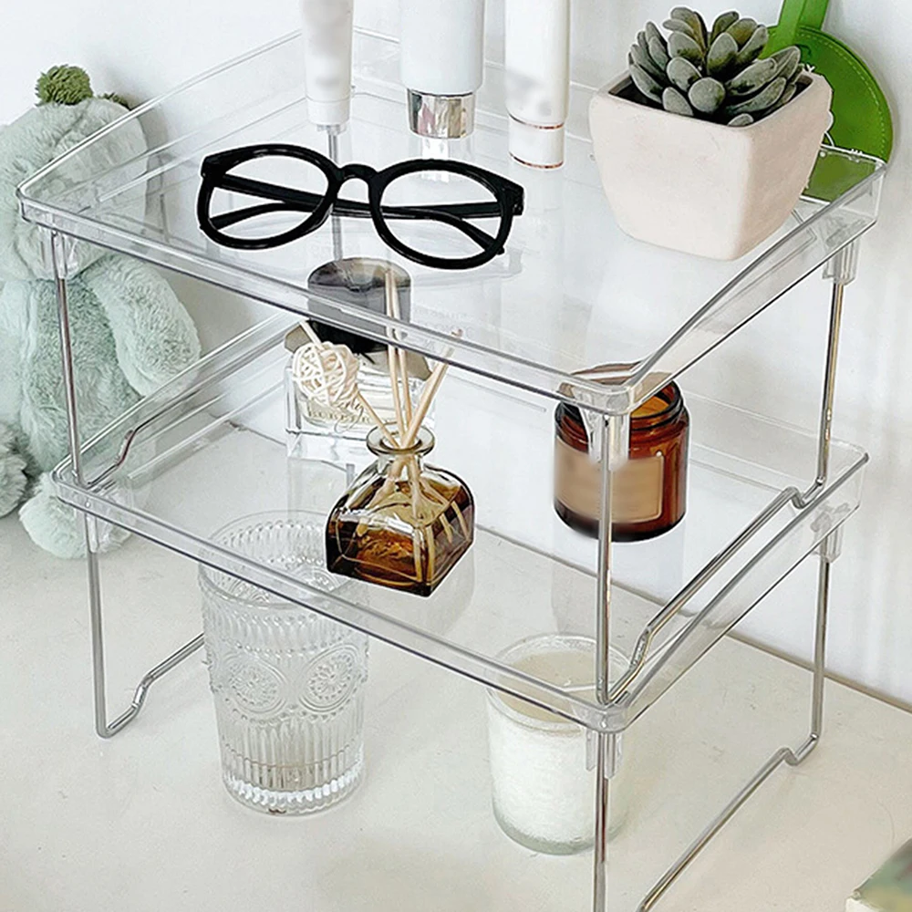 Estante plegable acrílico transparente de 1 pieza, estante de almacenamiento de escritorio apilable y multicapa, adecuado para oficina, estudio, dormitorio