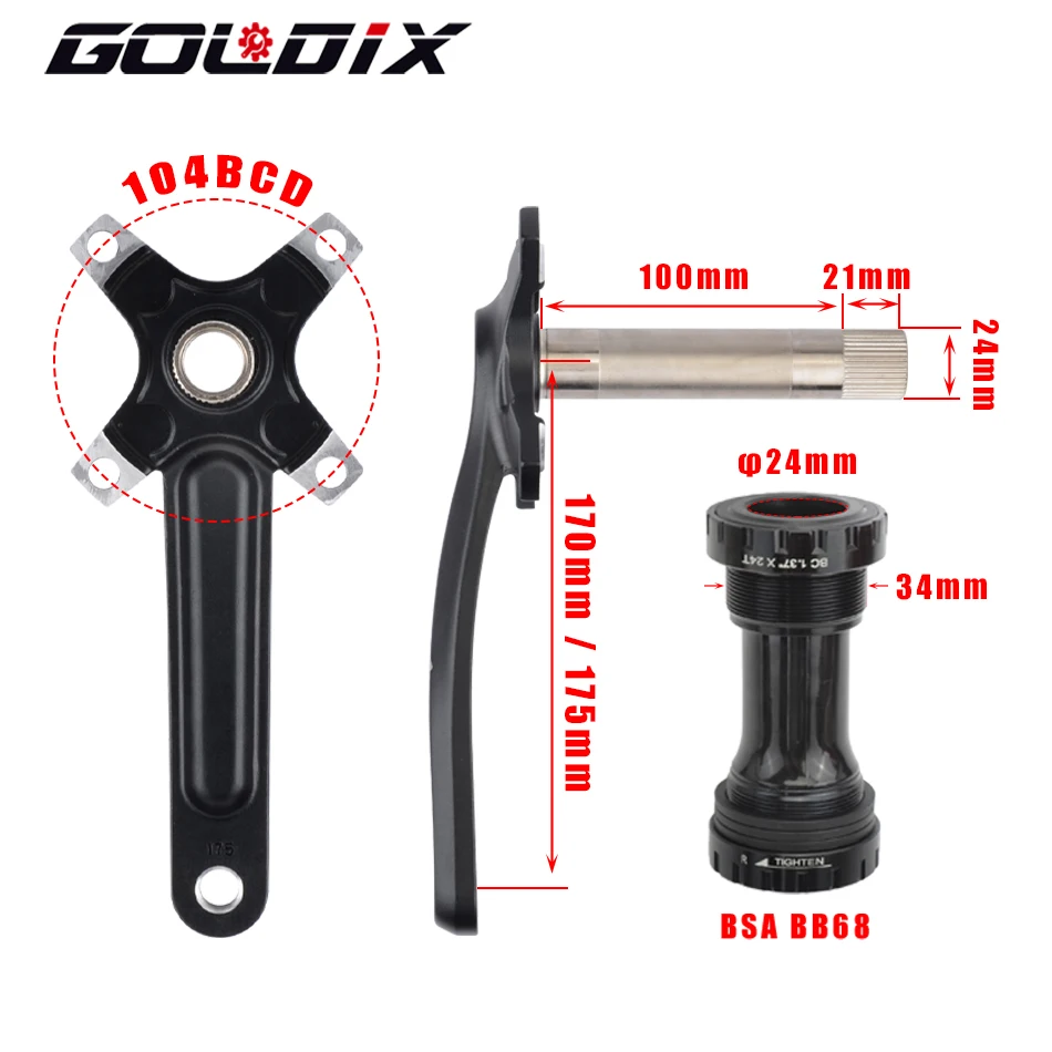 GOLDIX Fahrrad Kurbel Kettenblatt 104BCD MTB Fahrrad Kurbel Aluminium Legierung mit Bottom 170mm Kurbel Schwarz 32T 34T 36T 38T Platte