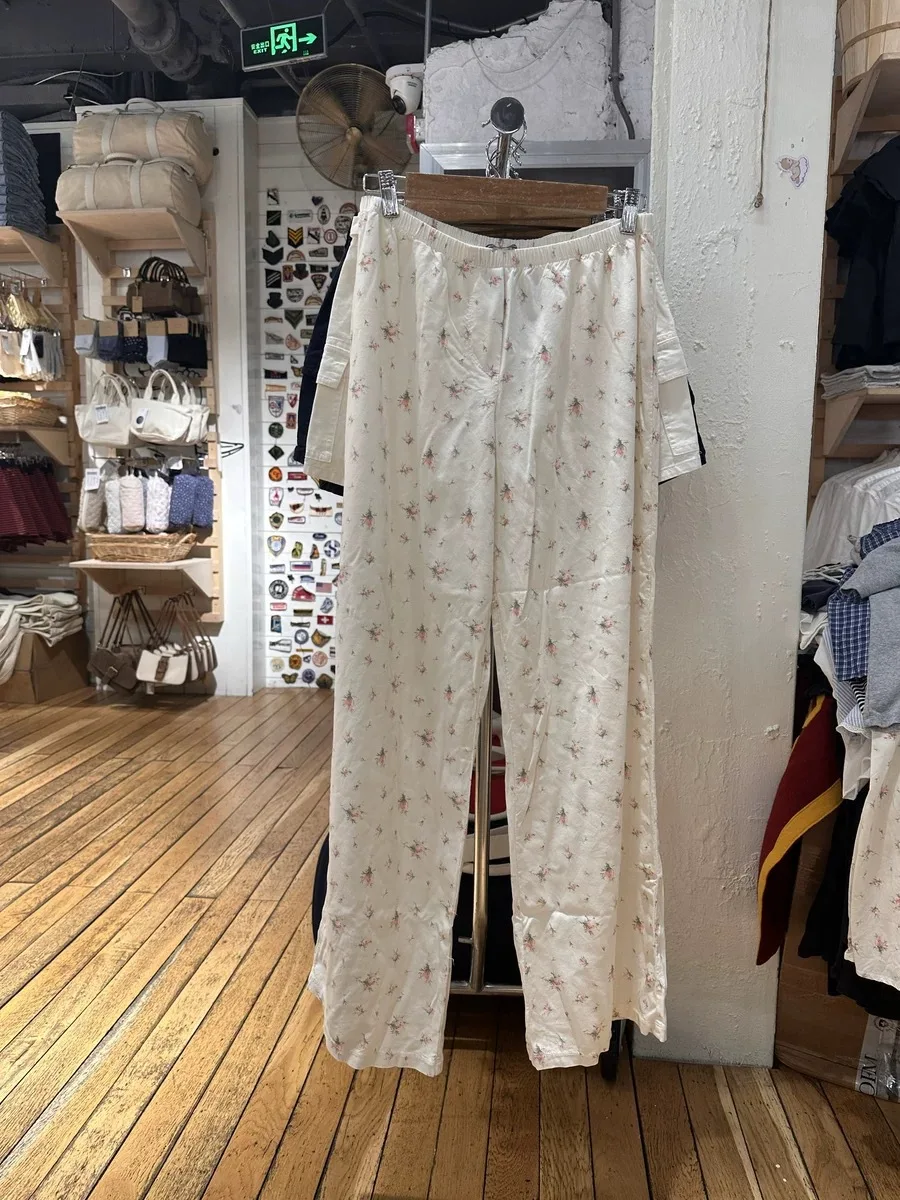 

Pink Floral Print Wide Leg Pant Women High Elastic Waist Cotton Loose Straight Trouser Summer New Sweet Chic Home Casual Pants