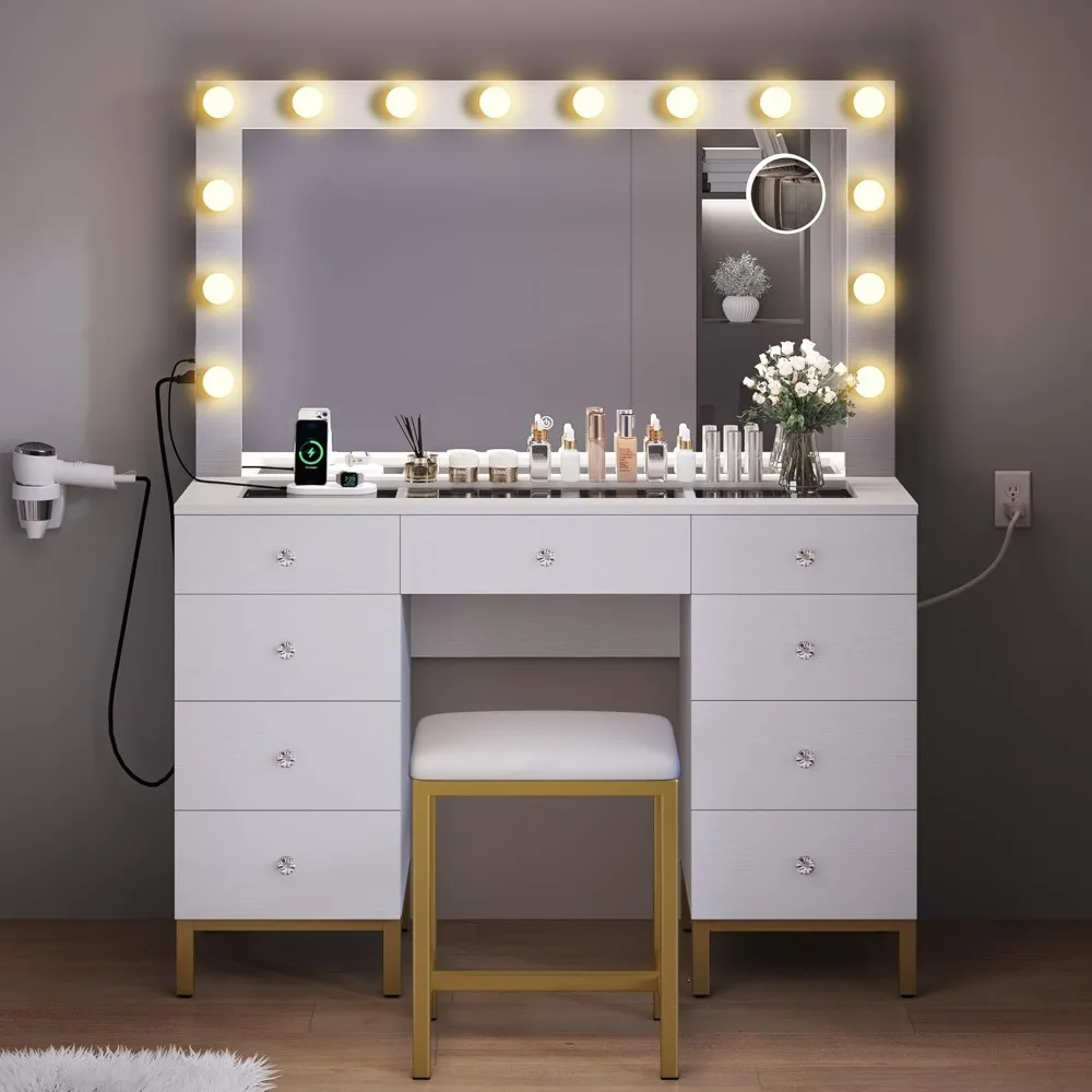 White Makeup Vanity Desk Set with Hollywood Bulbs Mirror & Charger Station, Glass Top Vanity with 9 Drawers and Adjus