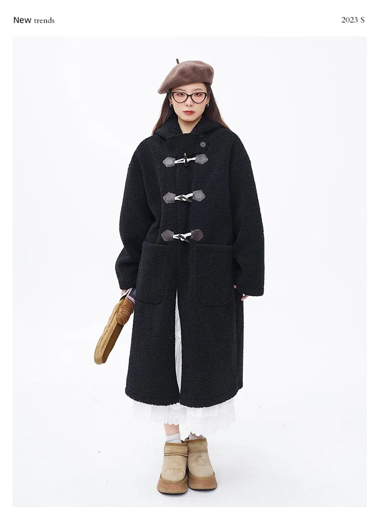 

Женская зимняя куртка из овечьей шерсти с пуговицами, в корейском стиле, прямого кроя, с длинными рукавами, с капюшоном, из полиэстера с полиуретановым покрытием