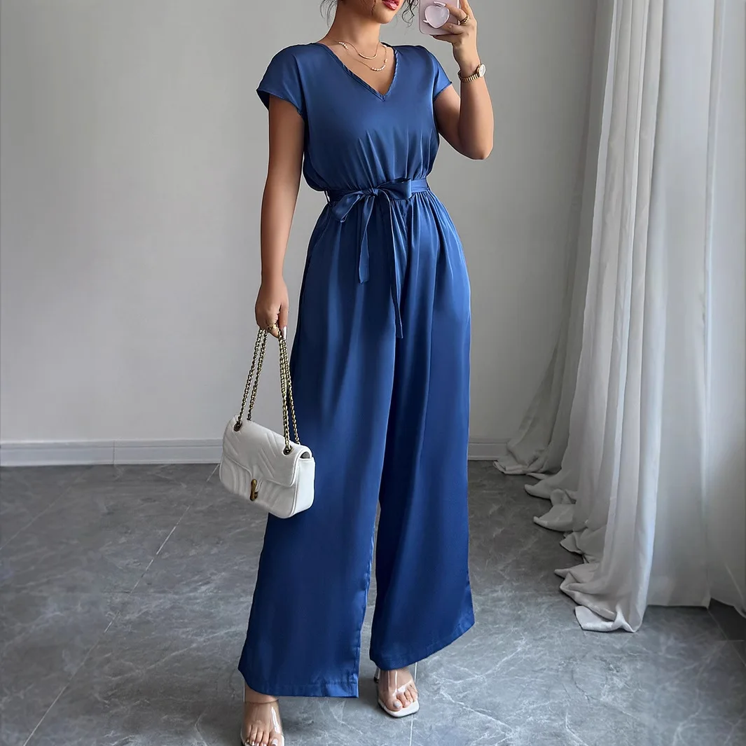 

Fashionable Deep V High-end Wide-leg Jumpsuit For Women 2026 Spring/summer High-waisted Wide-leg Elegant Bandage Lace Boho