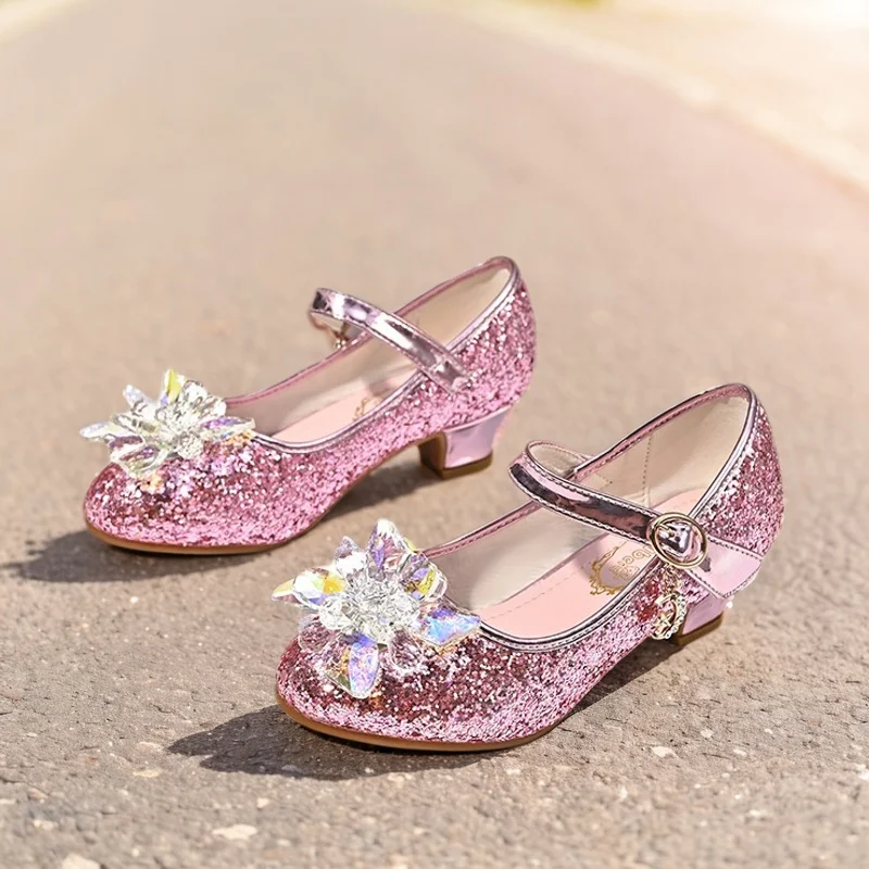 Children's Glass Flower Sandals Girls Blue Shoe Princess High Heels Children's Runway Dance Shoes Children Show Single Shoes