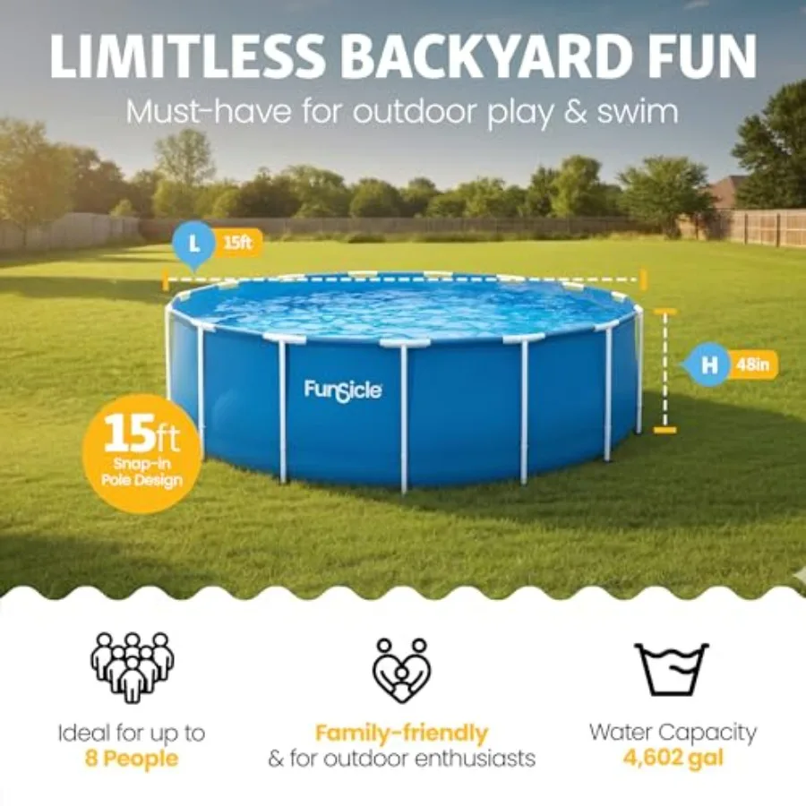 Outdoor above ground swimming pool, 15' x 48 round, durable vinyl material, blue color, includes repair patch for long-lasting