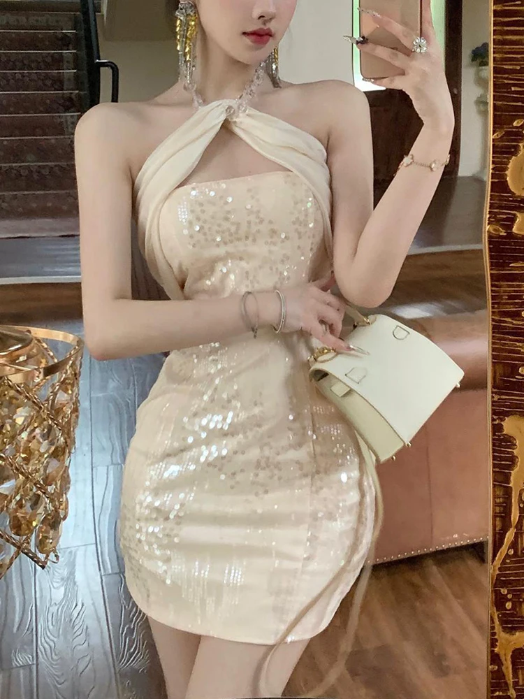 New Summer Y2K Hotsweet Sequin Evening Dress Women Clothes Elegant Sexy Chest Wrapped Slim Short Party Birthday Vestidos Fiesta