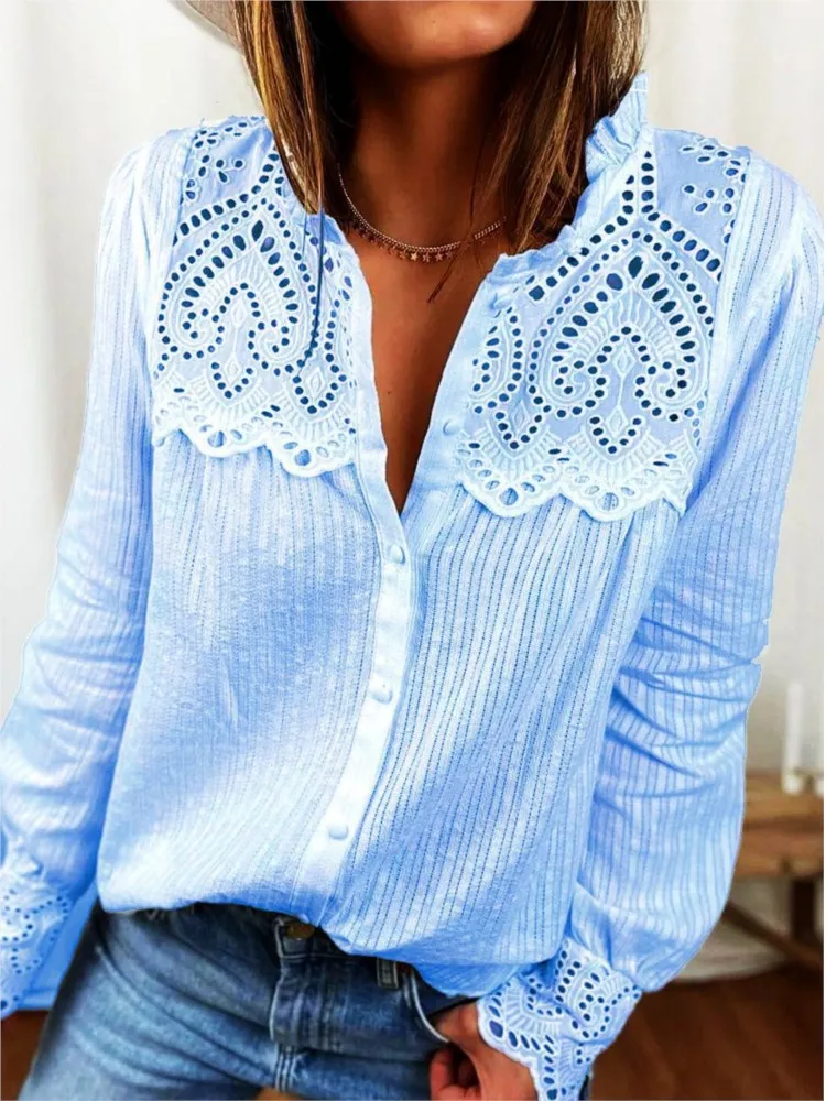 High Quality Loose Cotton Women Blouses 2023 Autumn White Lace Shirt Tops Fashion Casual Round Neck Long Sleeve Button Blouse