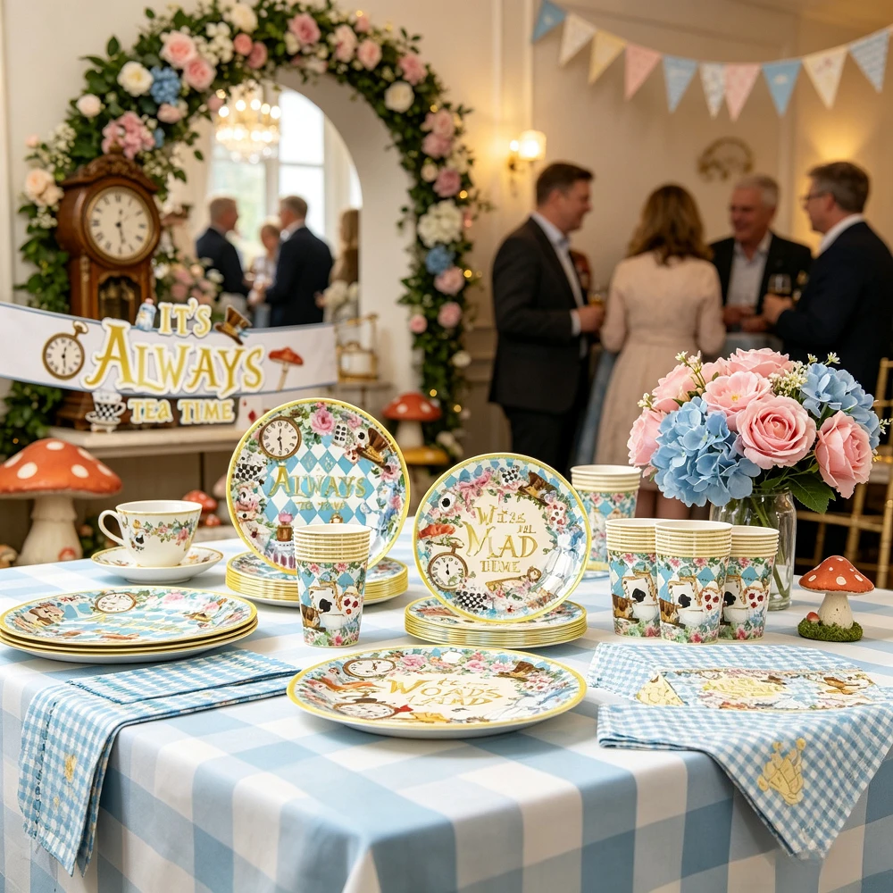 Wonderland Crazy Tea Party Disposable Tableware Set Banner Paper Plate Cup Napkins Afternoon Tea Bridal Shower Party Tablecloth
