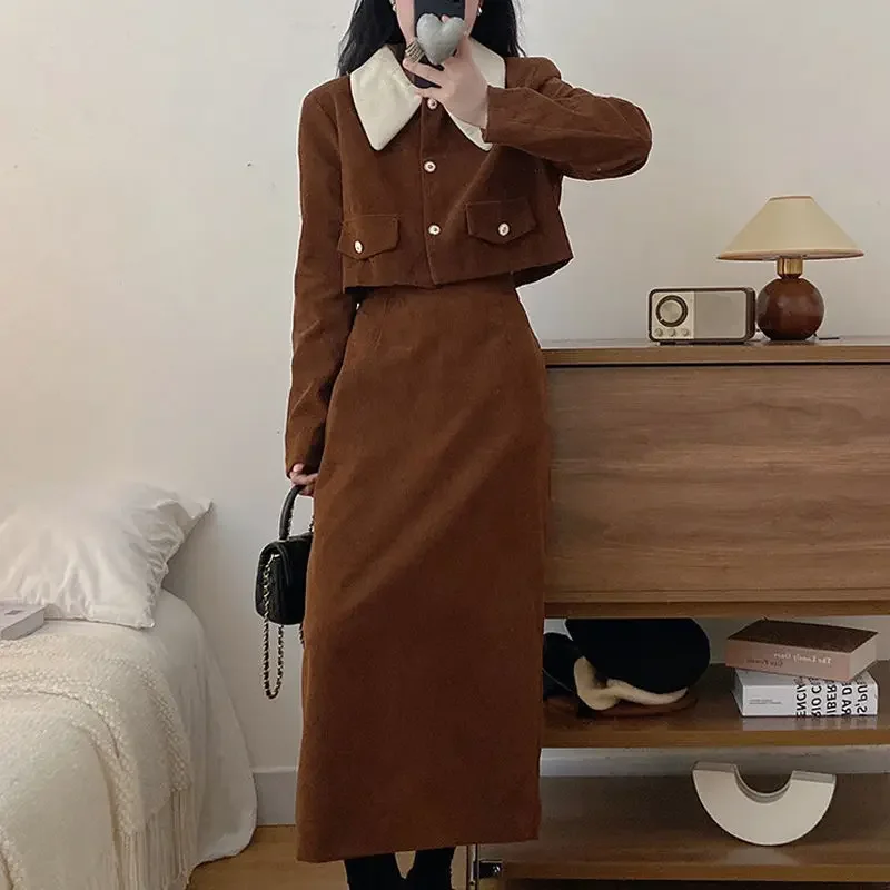 French Fragrance Retro Set Women's Autumn Winter Corduroy Doll Neck Coat Straight Skirt Two Piece Set for Women Elegant