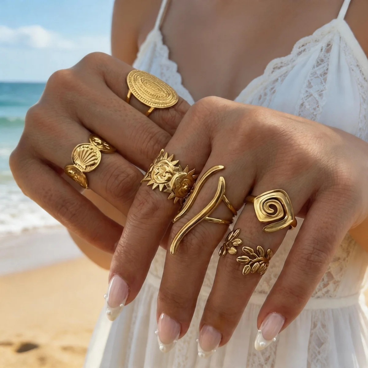 Vintage Edelstahl-Ringe mit Sonnenblumen- und Blattmuster für Damen und Herren, Punk-Mode, geometrischer Spiral-Oval-Fingerring, Schmuck – Detail 9