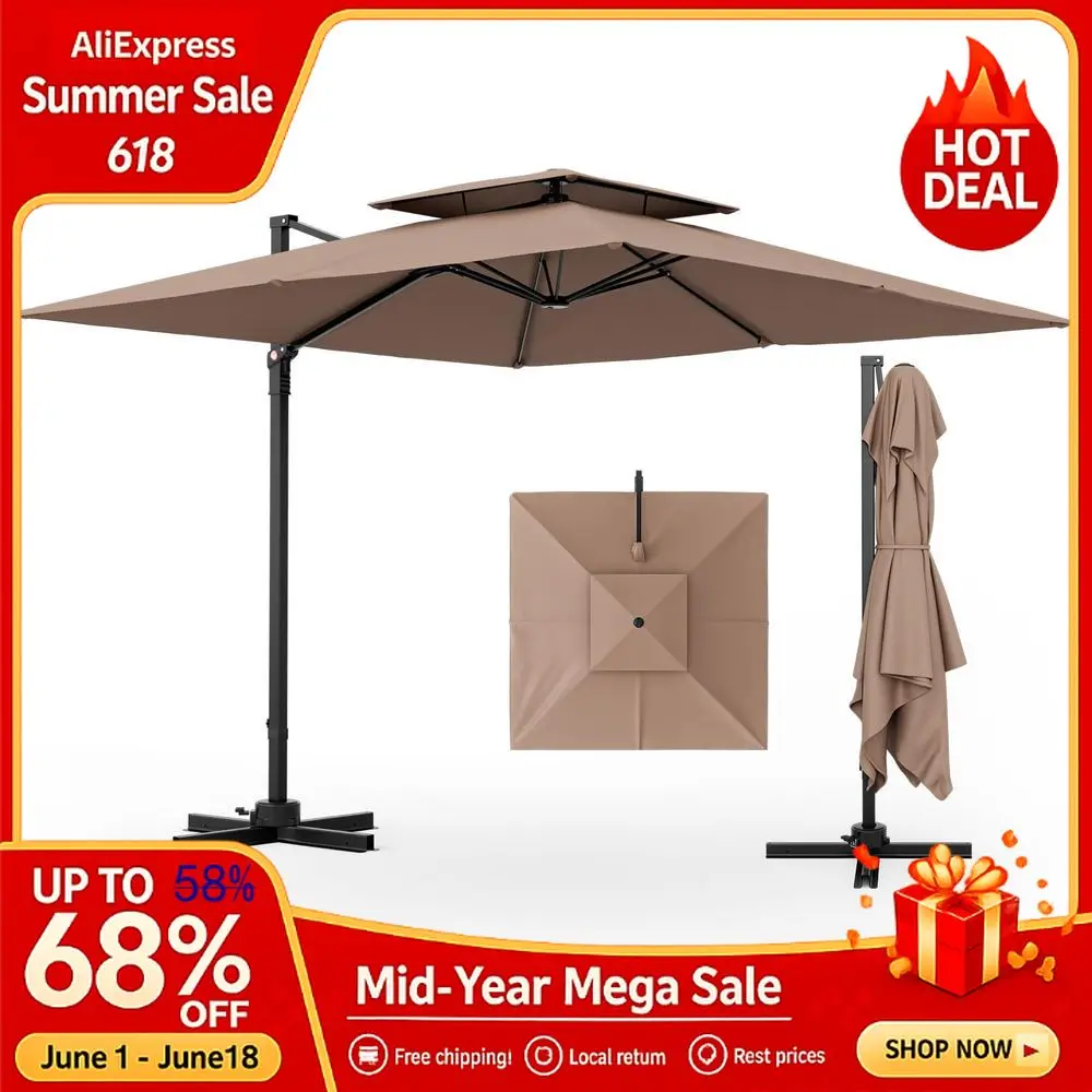 9.5 FT Cantilever Patio Umbrella, Outdoor Square Offset Umbrella with 360 Rotation, Double Top Heavy Duty Patio Hanging Umbrell