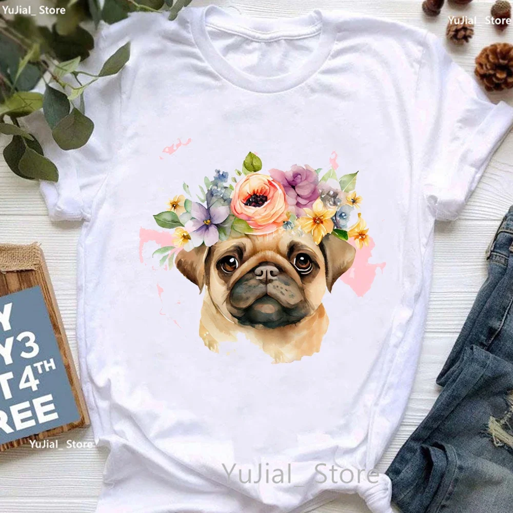 

Kawaii Pug Loves Flowers Print T Shirt For Girls Cute Greyhound/Bernese Mountain/Pug/Poodle Puppy T-Shirt Women Dog Tshirt