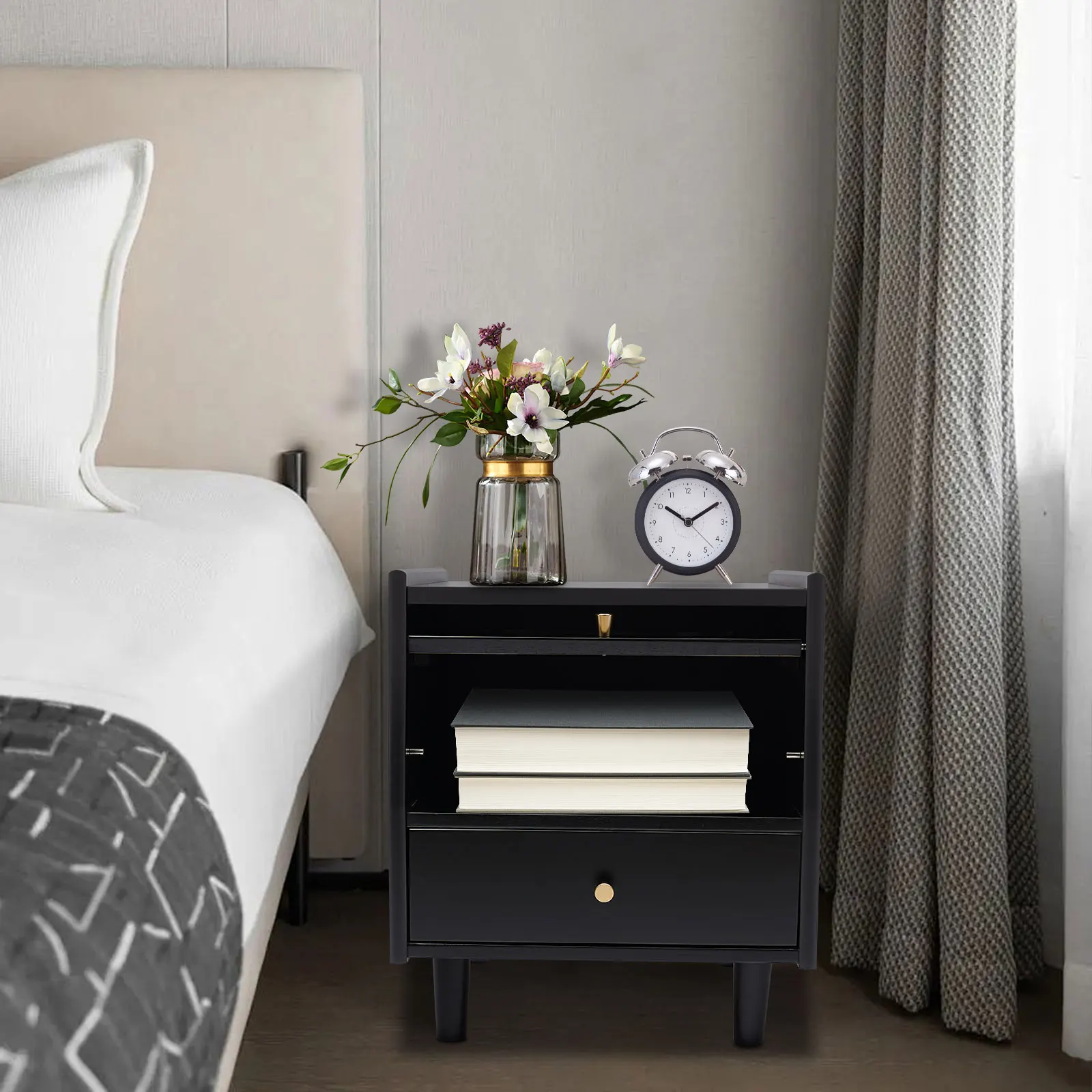Black Rubberwood Night Stand Nightstand with 2 Drawers Visible Window Bedside Table Modern End Side Table Bearing 33.07lbs